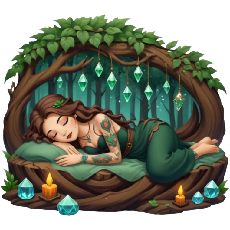 cute forest witch woman long wavy brown hair tattoos napping on crystal emoji