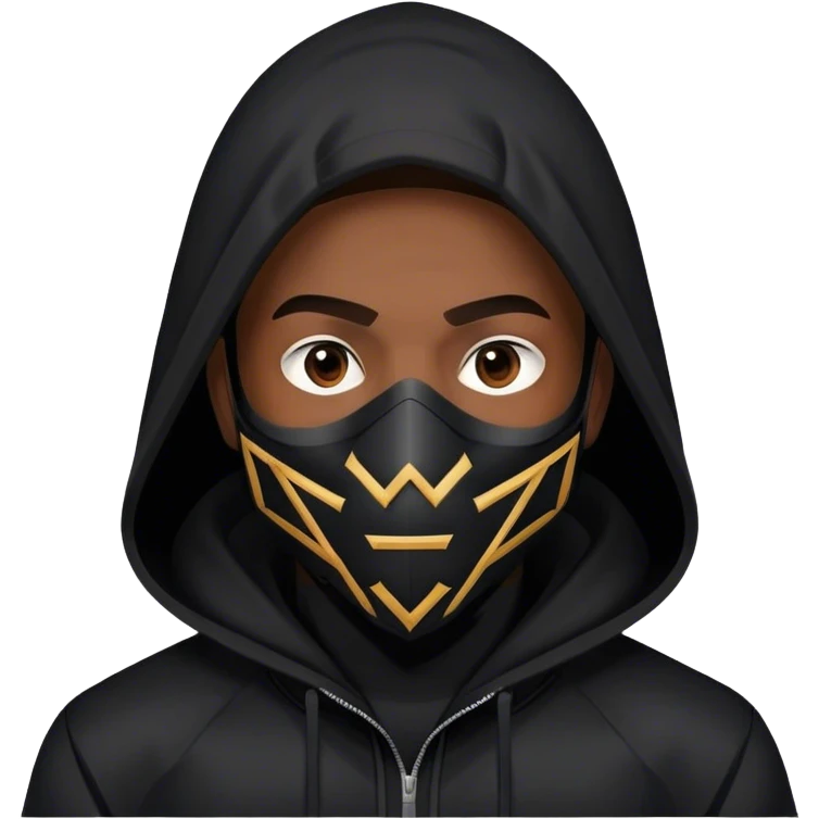 man with black hooded jacket and a only-black full-face geometric mask emoji