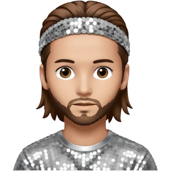 Tom Kaulitz from Tokio Hotel with long brown hair, silver sequin outfit  emoji