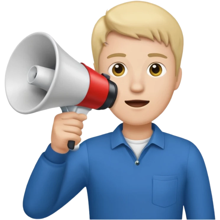 a man with a megaphone, the word 'startup' coming out, emoji style emoji