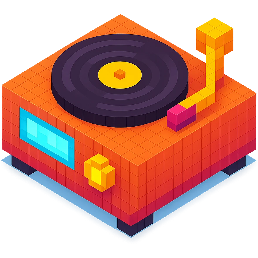 record player with a spinning vinyl, glowing details, and a retro aesthetic emoji