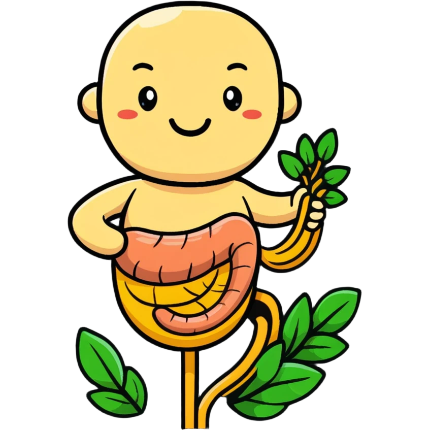 Cute simplified human digestive system with stomach and intestines, surrounded by golden wheat stalks and green leaves. Bright healing particles moving through the digestive tract emoji
