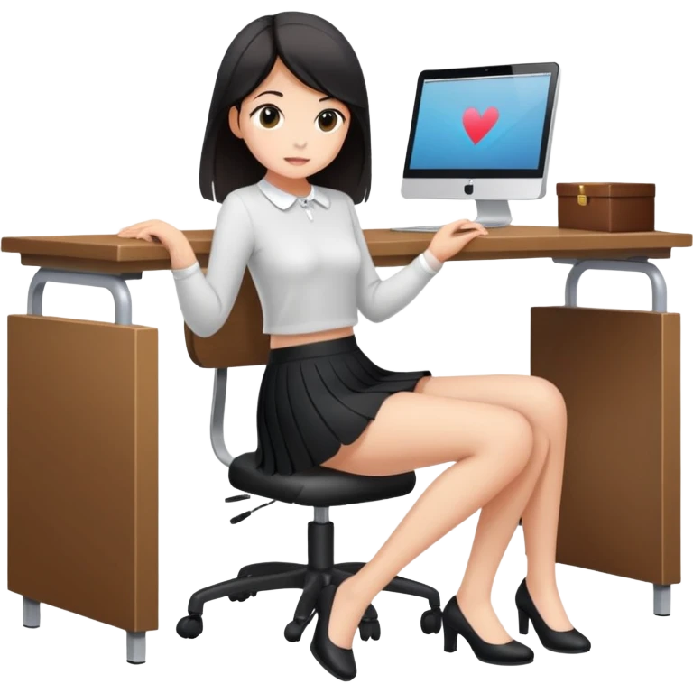 a girl in a short black skirt sits at a table, under the desk you can see how the girl spread her legs and you can see panties under the skirt emoji