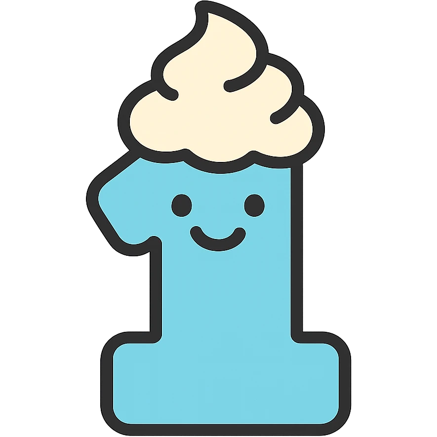 Cute number 1 emoji with whipped cream top, softcore aesthetic, pastel blue and beige colors, smiley happy face emoji