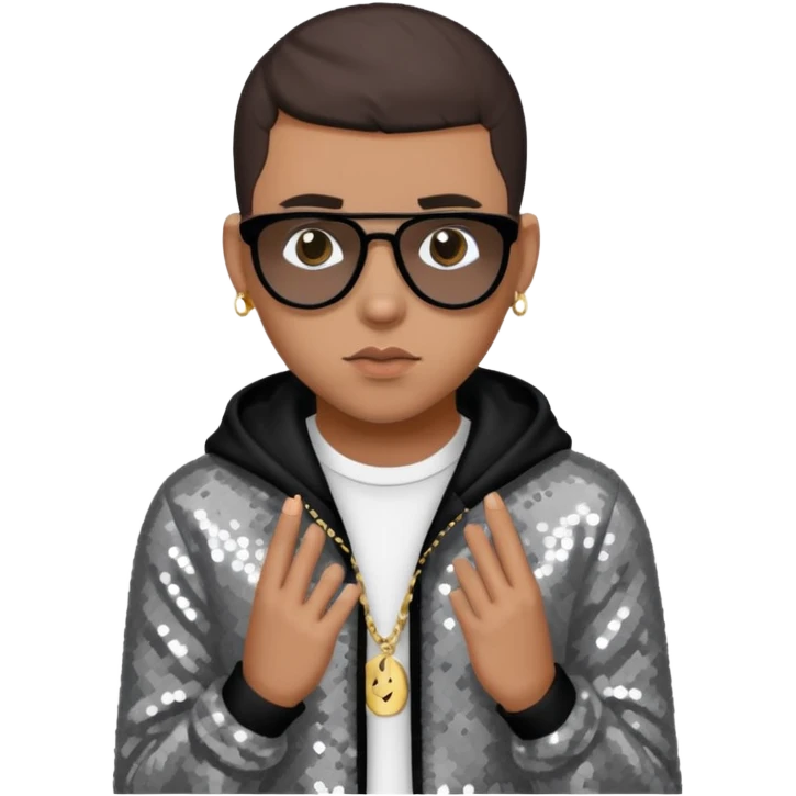 Bad Bunny, Puerto Rican Rapper with dark brown hair, gray sequin outfit emoji