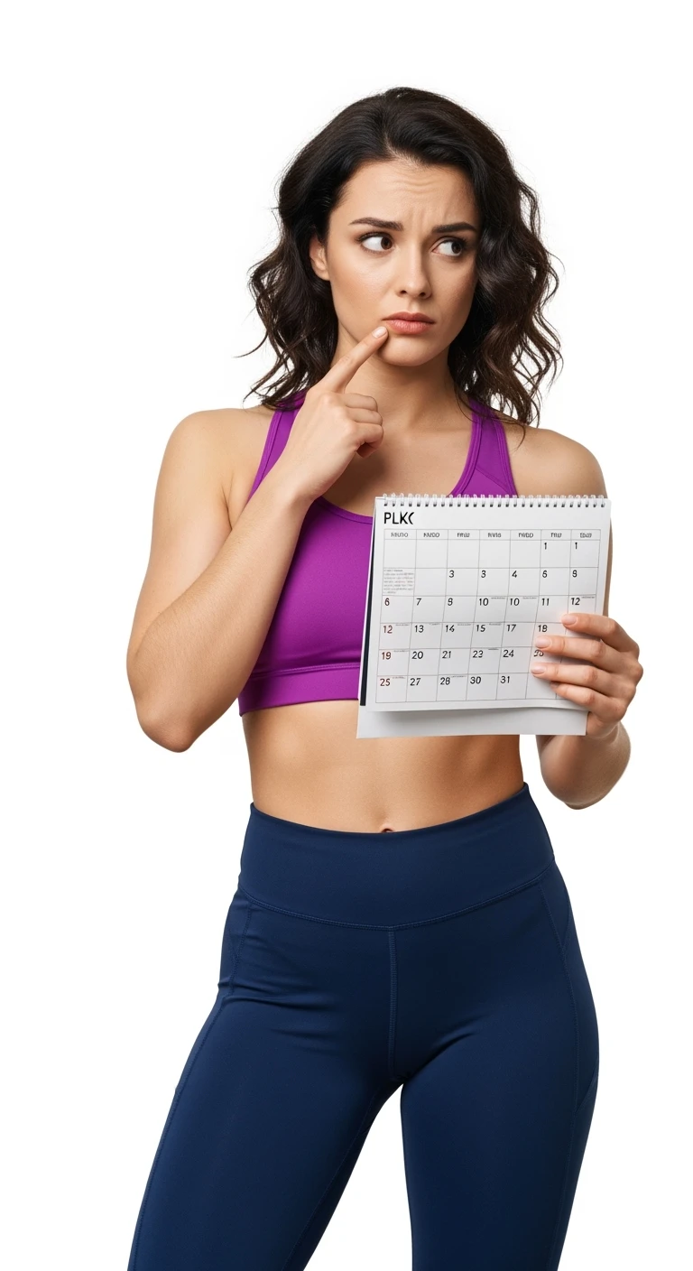 DONNA FITNESS ITALIANA INDECISA CON UN CALENDARIO IN MANO, REALISTICA 4K, ISOLATA SU SFONDO BIANCO emoji