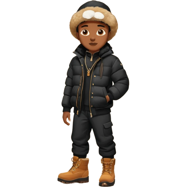 Handsome Black guy with brown skin tone, wear black joggers, a black bubble coat with a fur brim on the hood, and buckwheat timberland boots emoji