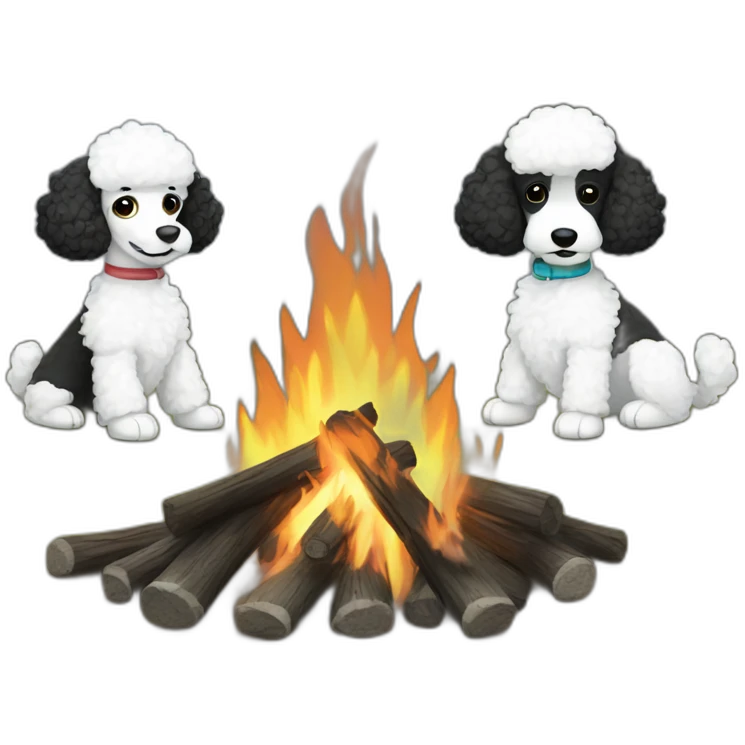 Two Black and one white poodle gathered around campfires emoji