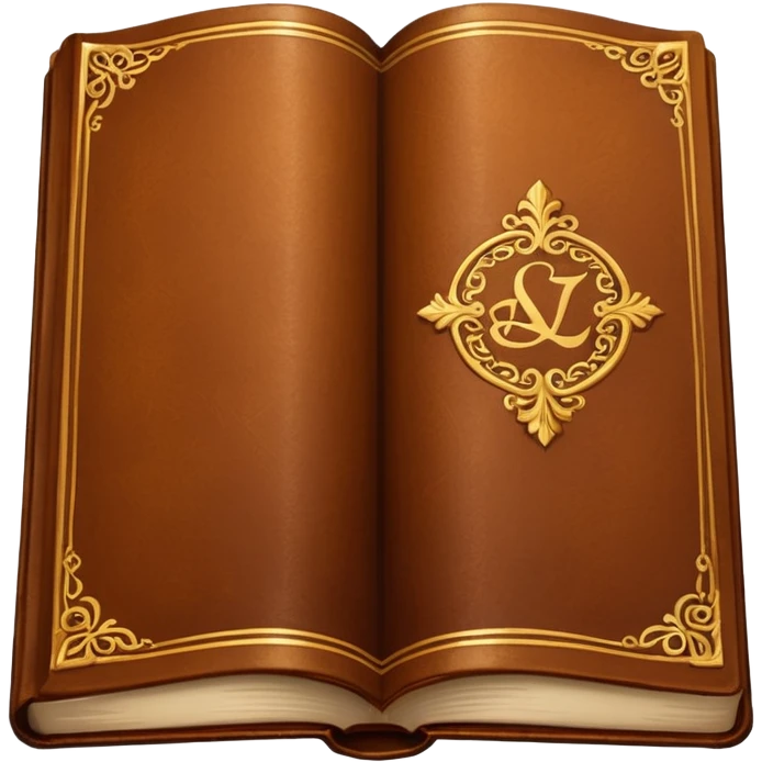 "An open antique leather-bound book with golden edges and calligraphy, detailed embossing, Victorian style, warm brown and gold palette." emoji