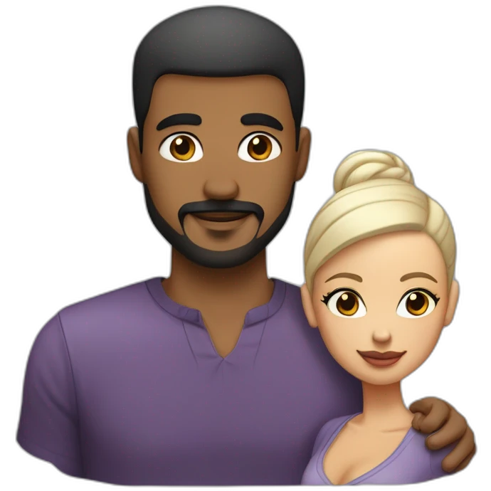 “White  man with a buzz cut and skin black hair fade, thin beard, and well-defined mustache , kissing a  Black  Woman with very straight hair and large earrings.” emoji
