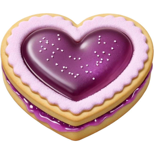 Realistic shortbread cookie in the shape of a heart with mauve jelly middle filling and sprinkled powder sugar on top. emoji