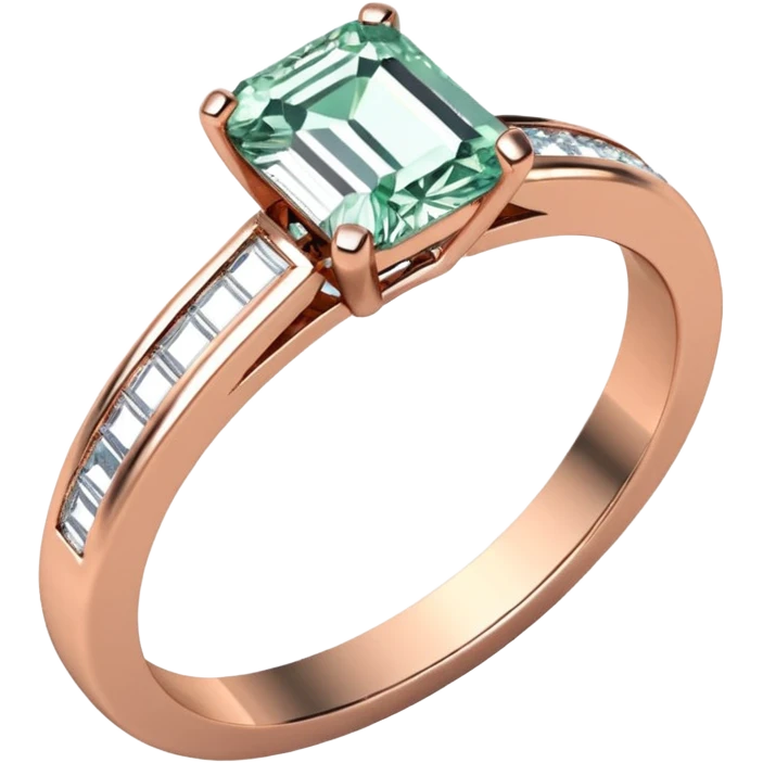A rose gold, emerald cut diamond engagement ring. The band is a half eternity band emoji
