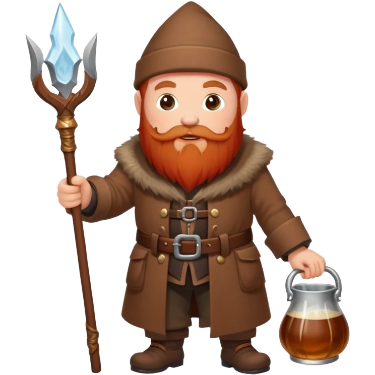 I need a image of a small dwarf in a brown coat with a red beard and a staff with ale in it, walking over and pouring the ale out of the tip of his staff emoji