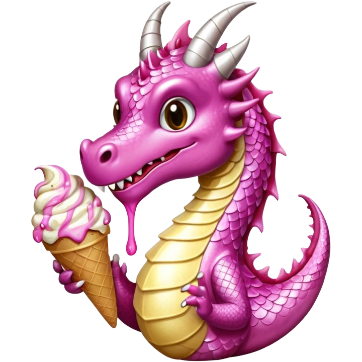A shiny, glittery dragon in pink tones eats vanilla and chocolate ice cream emoji
