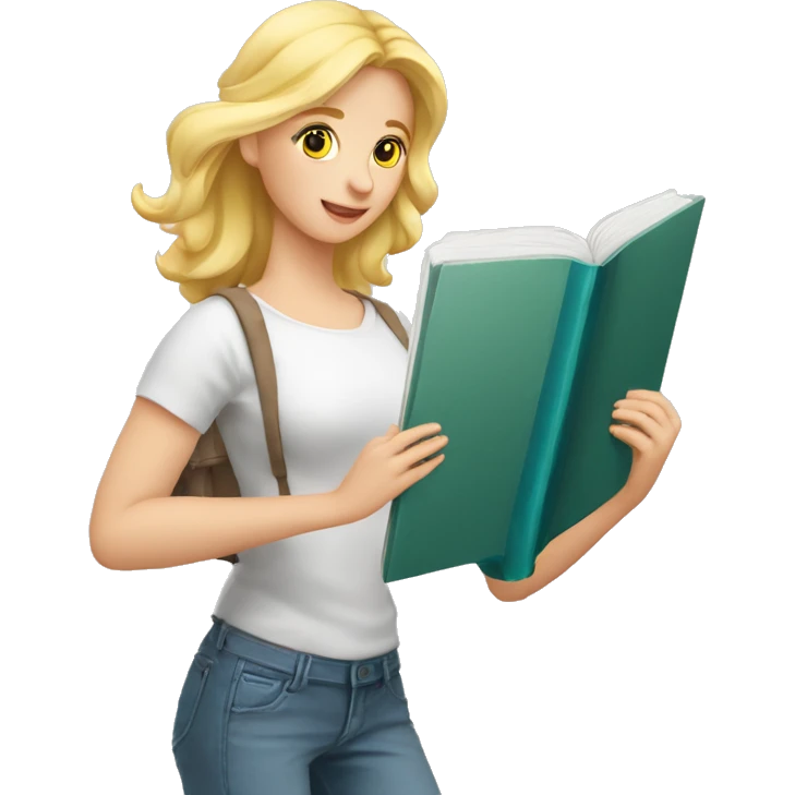 blonde mathelererin mit mathebuch in der hand mit einem zopf emoji