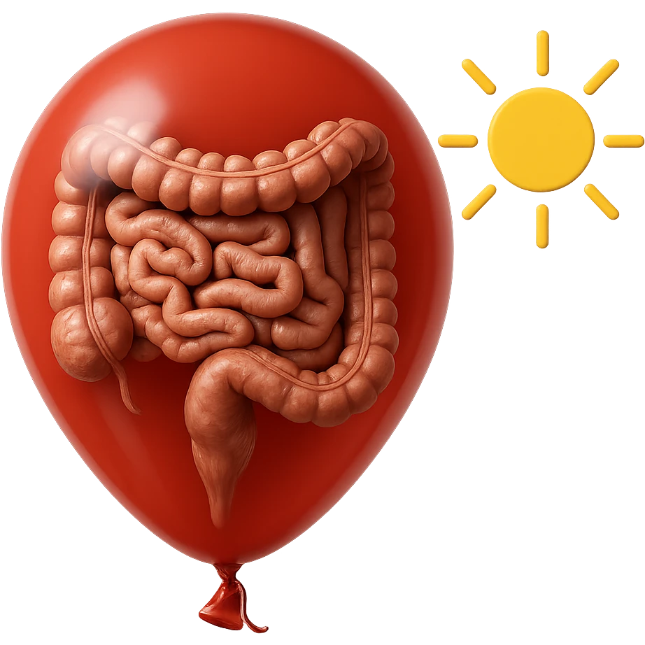 intestino umano anatomico chiuso in un palloncino rosso che simboleggia gonfiore, accanto un simbolo di sole che simboleggia "gonfiori di mattina", iperrealistico 4k emoji