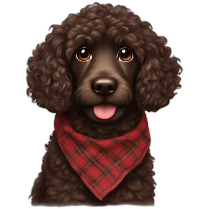 portrait Dark chocolate colored doodle with curly fur wearing a red and black flannel handkerchief emoji