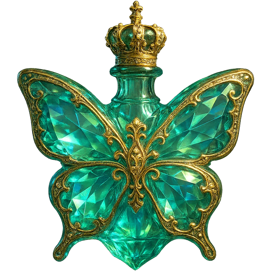 elegant crystal butterfly-shaped bottle with short neck and princess crown, green and blue colors, many facets, glowing, ornaments, golden details, transparent background, floating in air, very close to original emoji