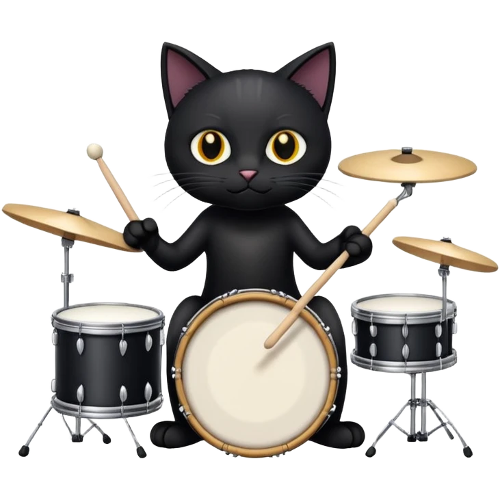 un gatto nero con le zampe bianche che suona la batteria  emoji