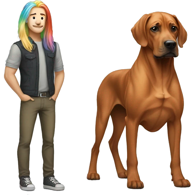white male with long rainbow colored hair standing alongside a brown rhodesian ridgeback emoji