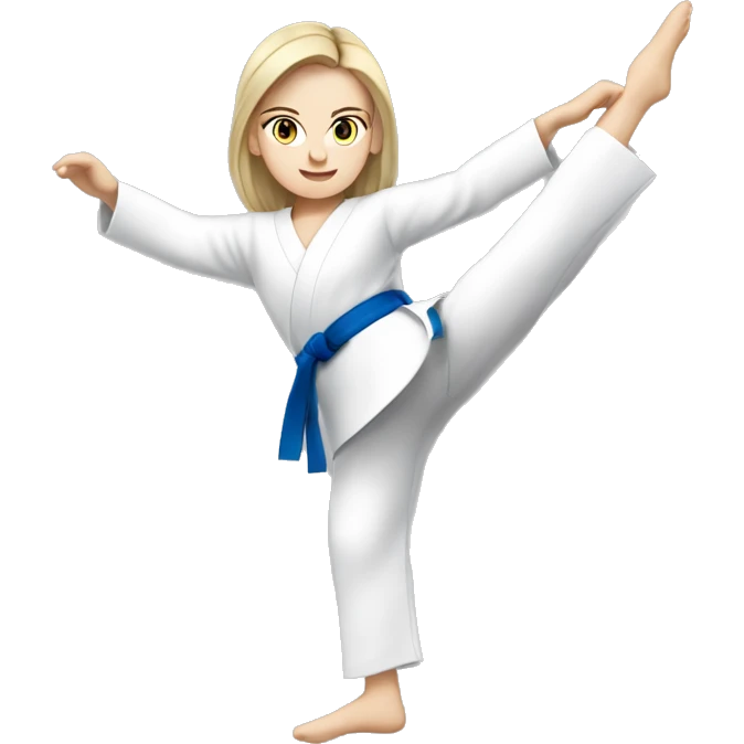 white girl with blue eyes doing  taekwono kick to the sky wearing red belt emoji