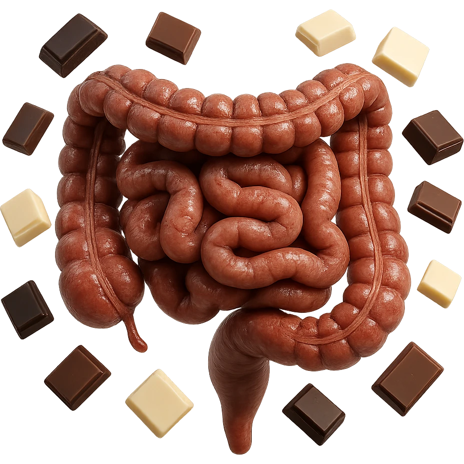 pezzetti di cioccolato fondenti, al latte e bianchi fluttuano intorno ad un intestino umano anatomico realistico, IPERREALISTICO 4K emoji