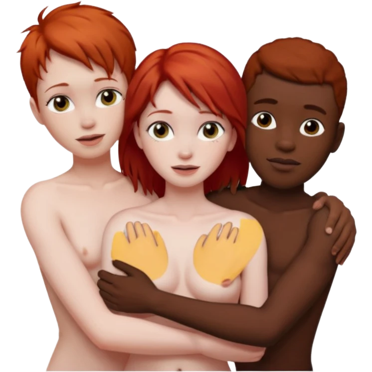 naked red hair female, 2 black males emoji