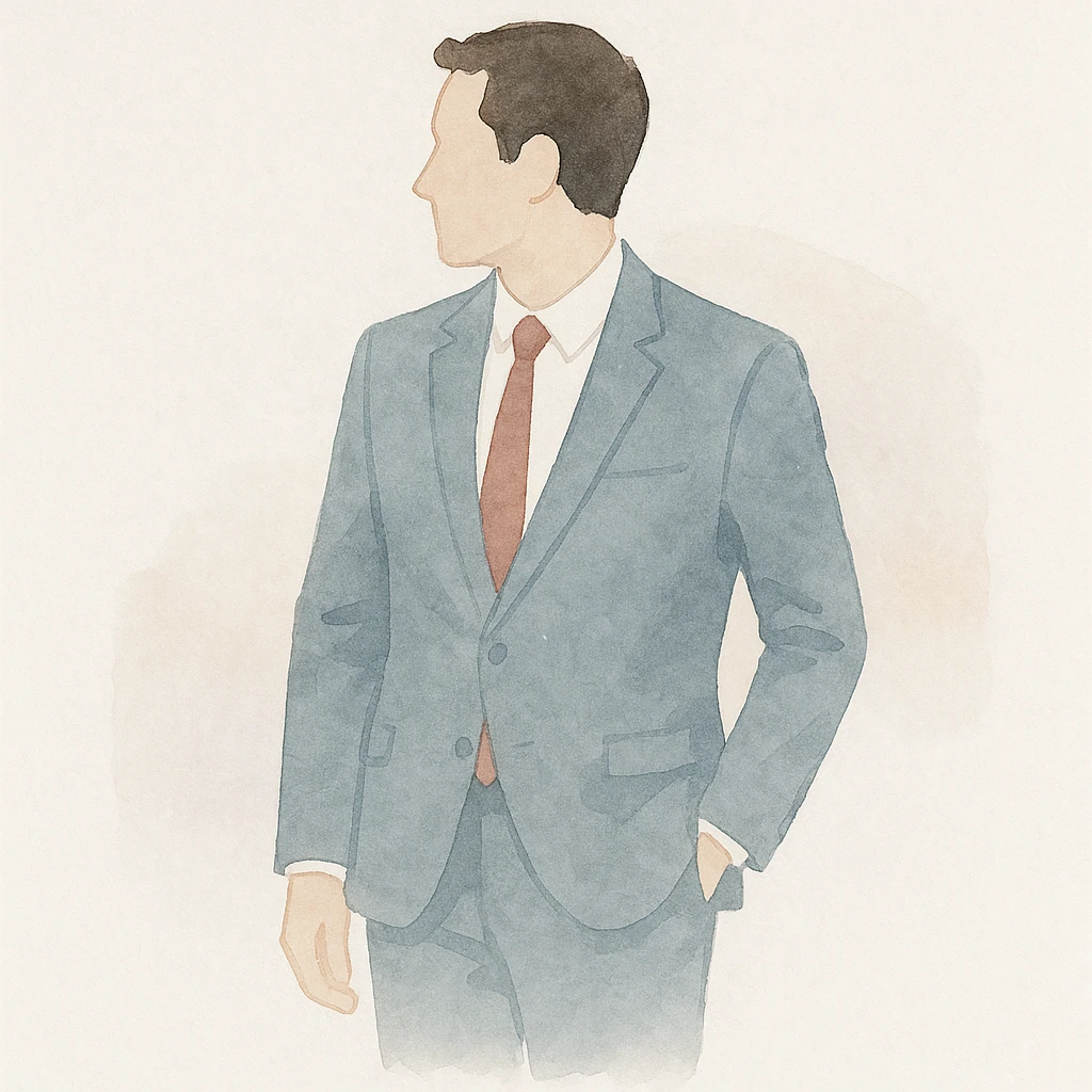 a business man turning his body, watercolor art style, suit and tie, soft background emoji
