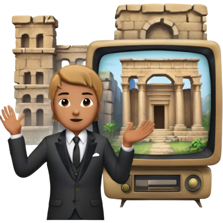Icon for Documentary Film (TV style): a host presenting in front of video footage showing ancient ruins. The design should evoke a vintage TV broadcast with historical content, complete with a clear view of the host and the ruins behind. Transparent background. emoji