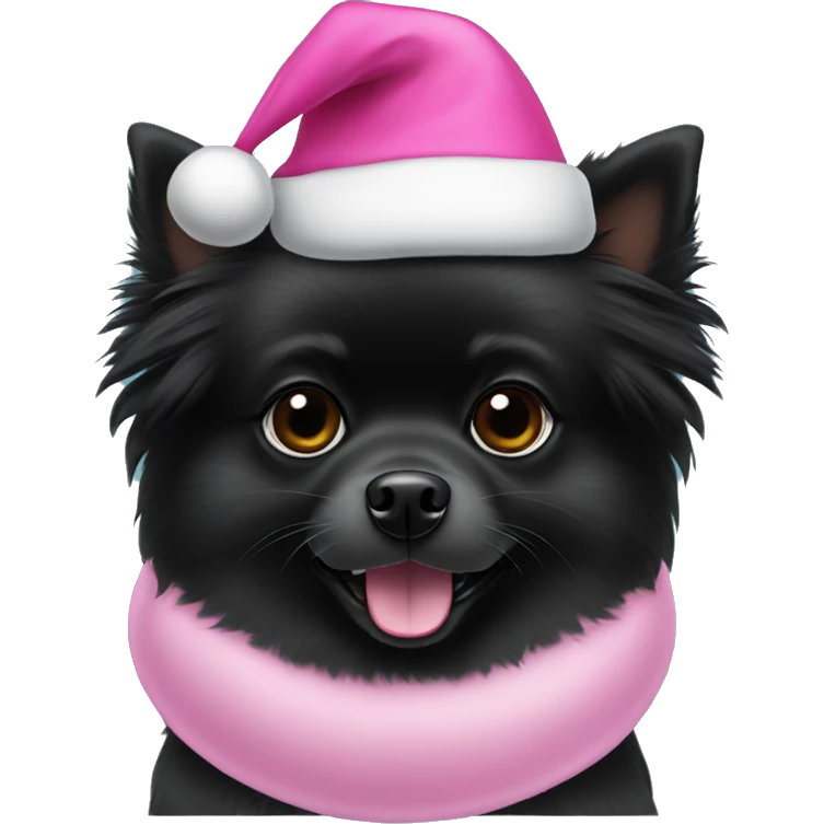 All Black Pomeranian wearing a pink Santa hat emoji