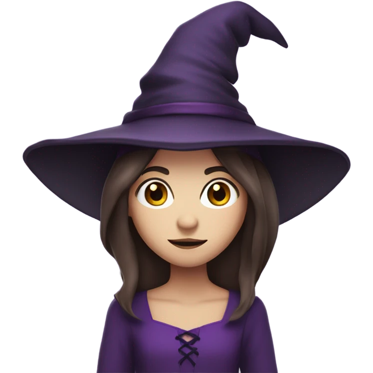 a young white thin girl with straight brown hair and dark eyes dressed as a witch with purple hat emoji
