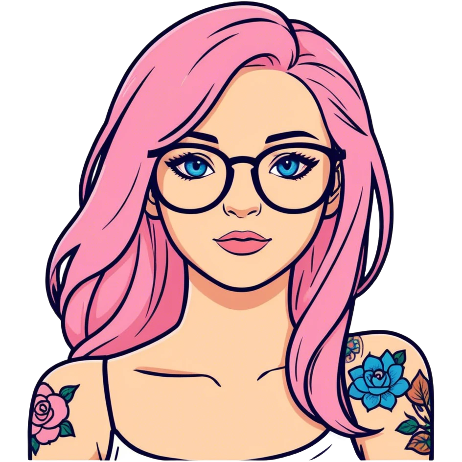 Realistic beautiful woman model, blue eyes and glasses, pink long hair, shoulder tattoo  emoji