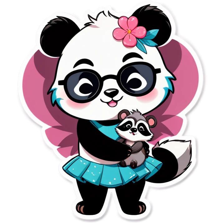 Cute female Panda wearing a tutu and glasses with a flower above 1 ear hugging a male raccoon  emoji
