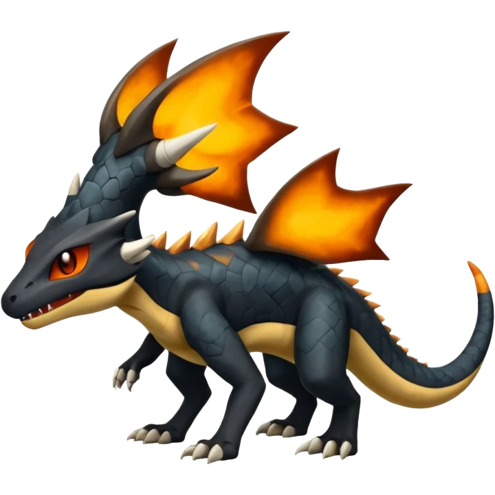 Magmatic fiery badass cool obsidian-Black and golden-orange Helioptile-Marowak-Salamence-Fakémon-hybrid-creature (full body)  emoji