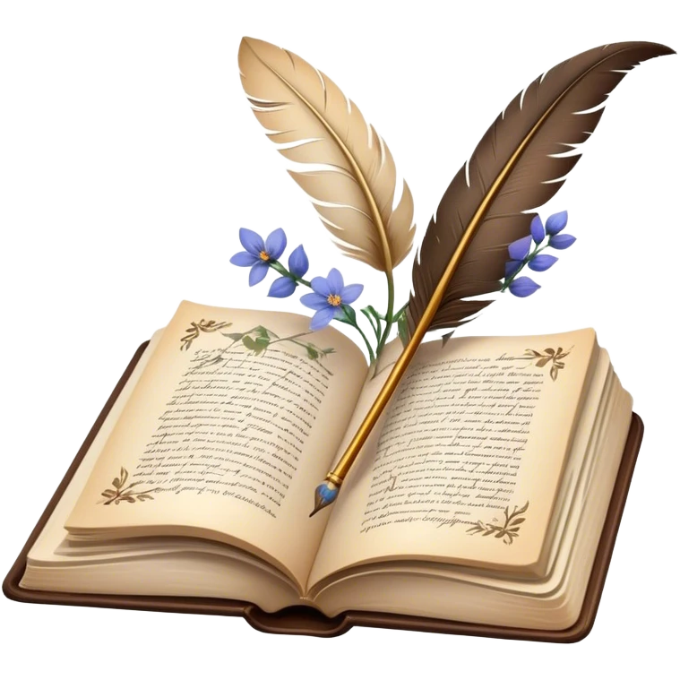 Icon for Poetry Reading: an open book with flowing verses on the pages, surrounded by a quill, ink bottle, and delicate flowers. The icon should evoke the beauty and emotion of poetry. Transparent background. emoji