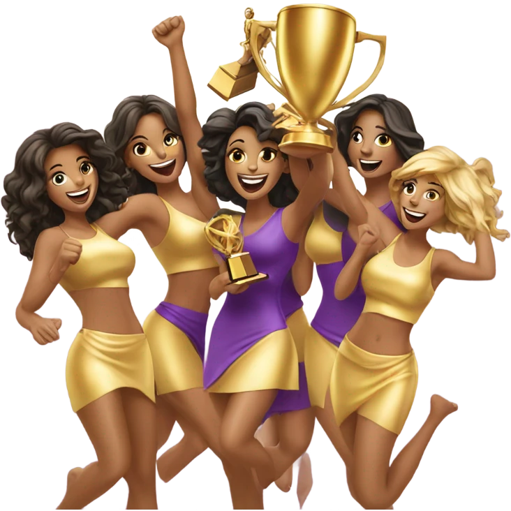 Seven beautiful women celebrating with a huge gold trophy emoji