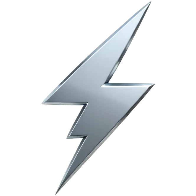 A lightning bolt emoji made of polished silver chrome, sharp yet rounded edges, glossy metallic surface, soft reflections, minimal futuristic design, iOS emoji style, centered, clean white background emoji