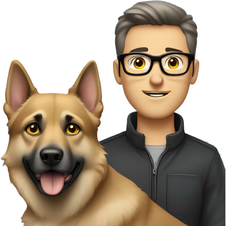A guy with brown hair, guy have grey eyes, and thin, stylish black glasses. accompanied by a grey German Shepherd (female). dog have with yellow eyes. emoji