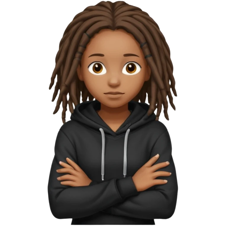African American girl with shoulder length dreadlocks wearing a plain black hoodie with her arms folded across her chest emoji
