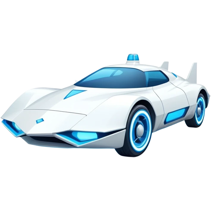 Futuristic retro hover white car with sharp angular design and glowing blue wheels, front view, flat vector style, minimal color palette with subtle blue highlights emoji