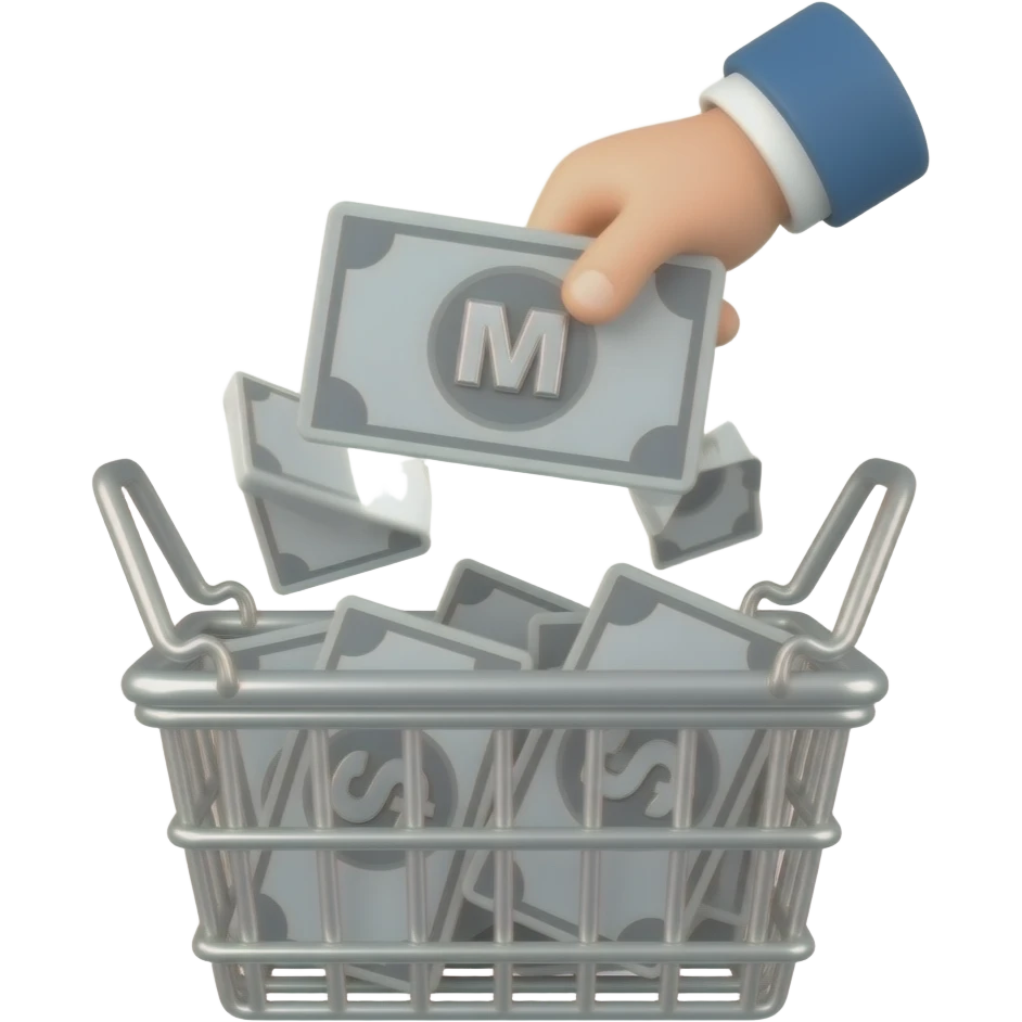 Hand throwing monochromatic gray with a large silver money checks 'M' centered on them into a full metallic basket. Vibrant accents, isolated high-res render emoji