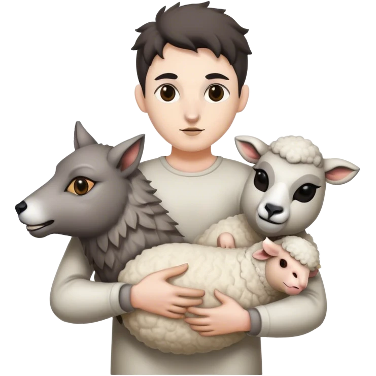 the whole body of a wolf with a human body in its hand, with sheep's masks in its hands emoji