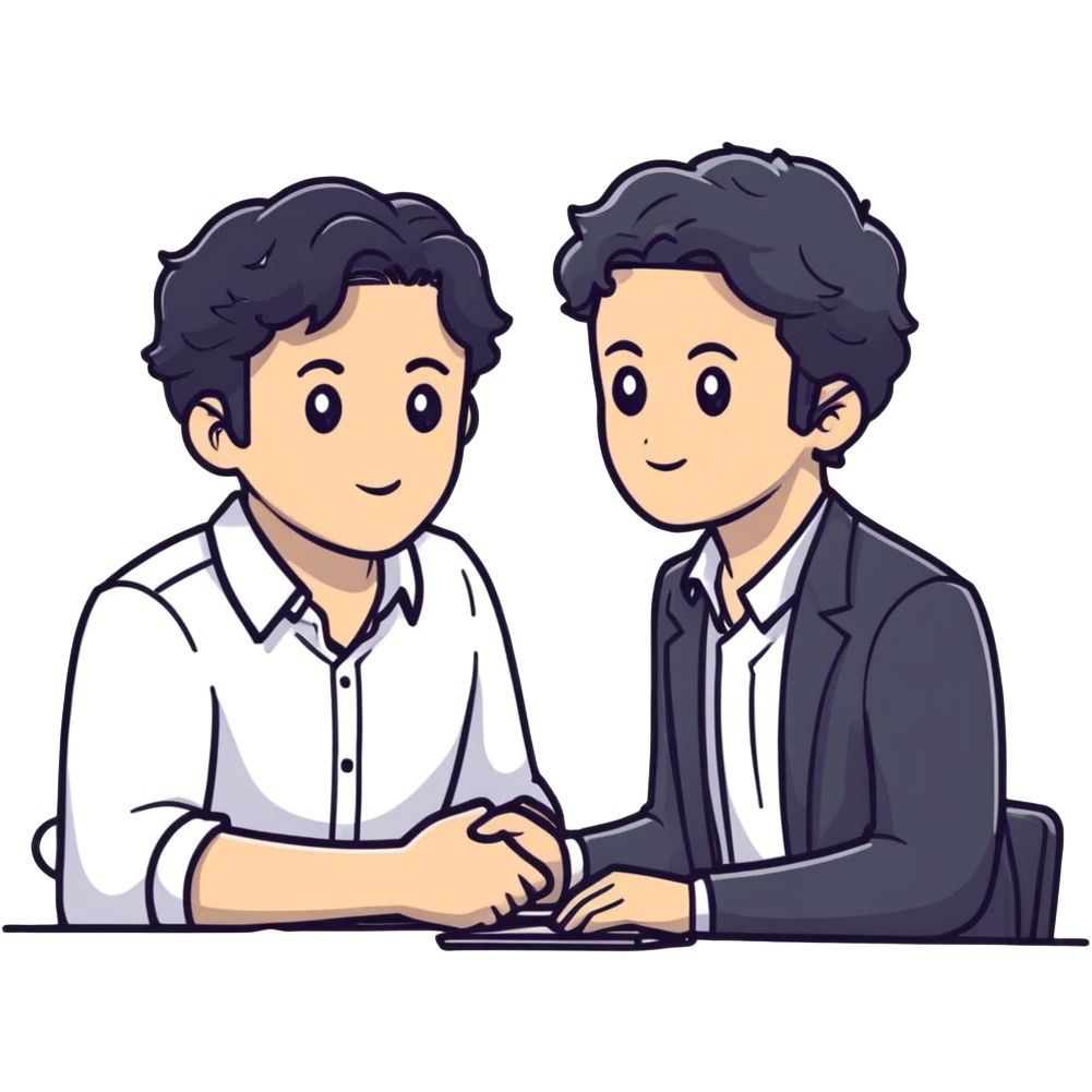 Management consultant with black wavy hair, stubble, strong features, white skin, smart casual attire, in a collaborative discussion with diverse business clients around a table with documents and laptop emoji
