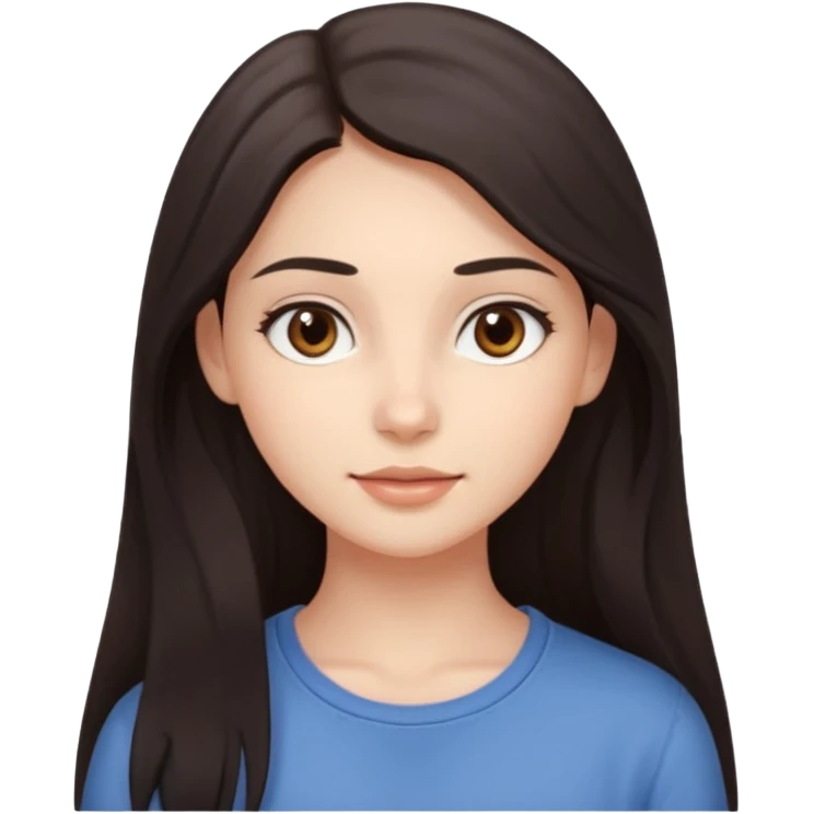 Create an Apple-style emoji of a young woman with long dark hair, brown eyes, natural look, smooth skin, soft shading, simple outfit, cute and friendly expression. emoji