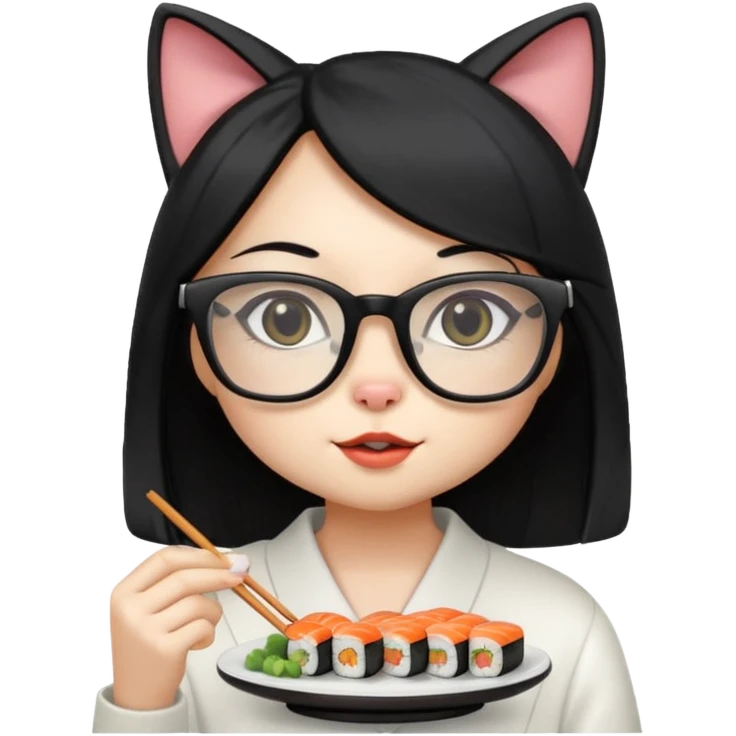 cute girl cat with long straight hair and really big square glasses with super thin frames eating sushi emoji