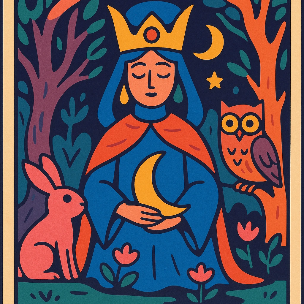 A tarot card featuring The High Priestess, surrounded by ancient trees and mystical creatures, in a whimsical fantasy style. emoji