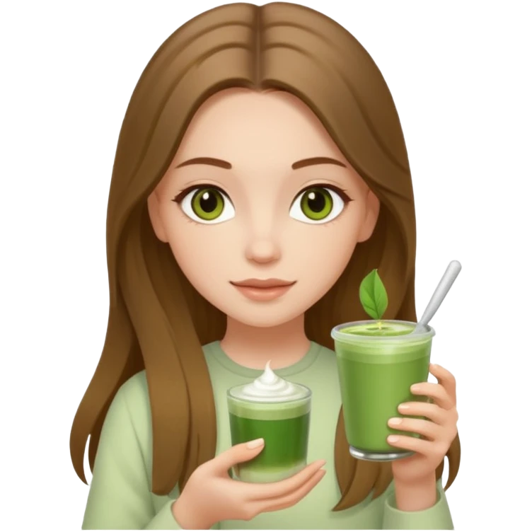 white long brunette hair girl with hazel eyes wearing light who is holding matcha emoji