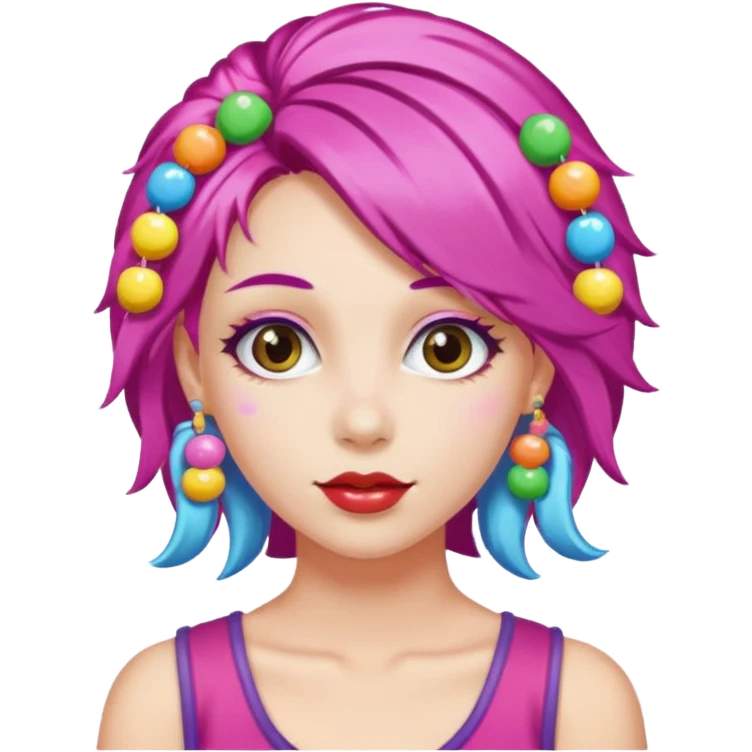 colorful hair woman with candy accessories, not holting a candy emoji