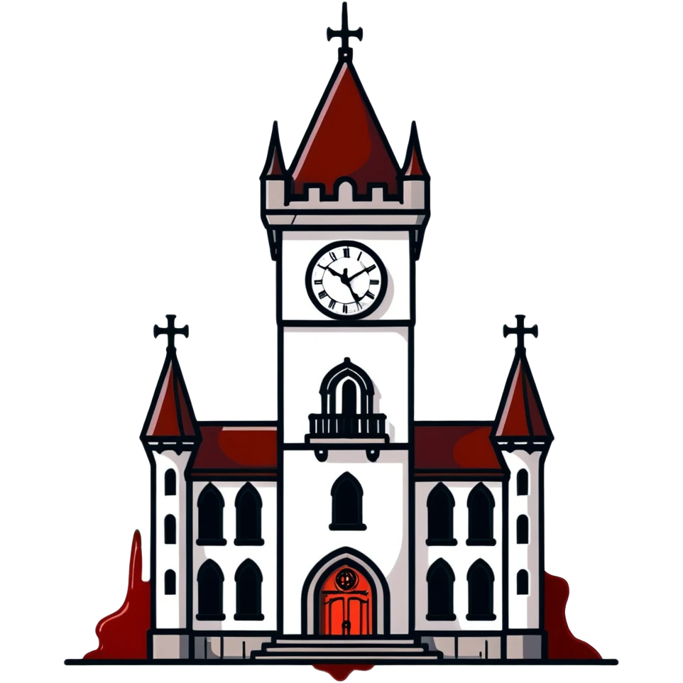 Gothic clocktower with blood running down its stone walls, creepy atmosphere emoji