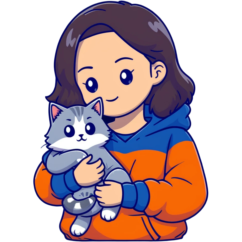 Brunette girl with dark blue sweatshirt cuddling a fluffy grey Siberian cat, detailed illustration emoji